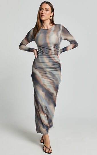 Zyra Midi Dress - High Neck Long Sleeve Mesh Dress in Neutral Stripe | Showpo (US, UK & Europe)