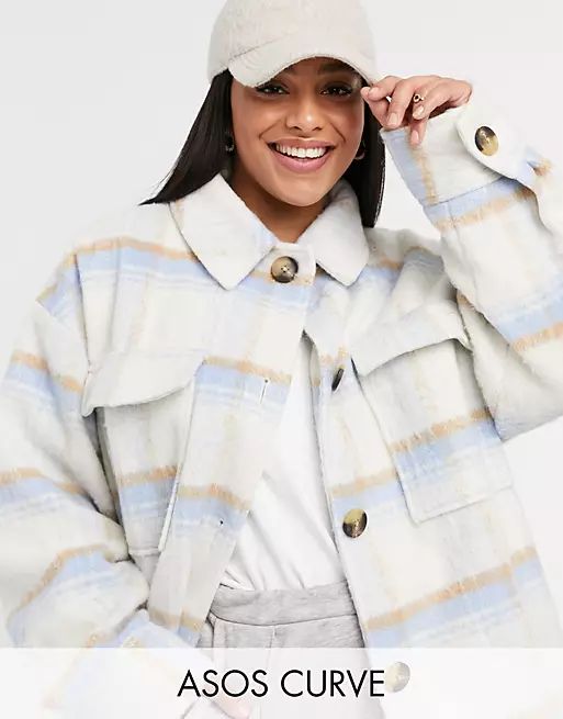 ASOS DESIGN Curve brushed check jacket in baby blue | ASOS (Global)