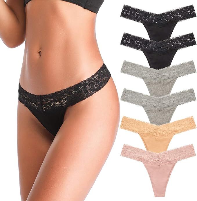 Women's Thongs, T Back Low Waist See Through Panties Cotton Seamless Lace Thongs for Women | Amazon (US)