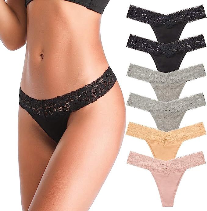 Women's Thongs, T Back Low Waist See Through Panties Cotton Seamless Lace Thongs for Women | Amazon (US)