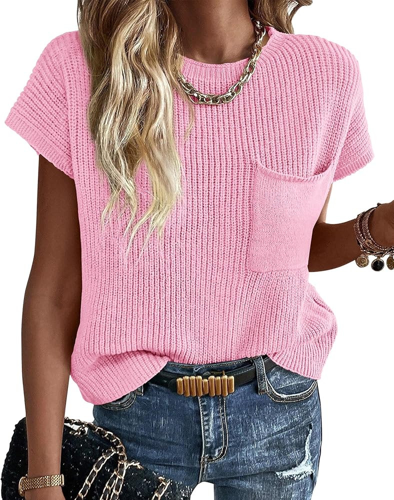 KIRUNDO Womens Spring Fall Cap Sleeve Tops 2025 Summer Casual Crew Neck Lightweight Sweater Vest ... | Amazon (US)