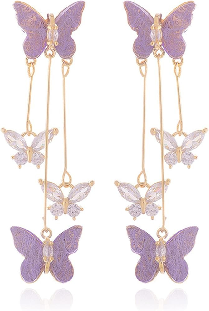Purple Butterfly Earrings for Women Gifts Trendy Stuff Crystal Zircon Butterfly Tassel Dangle Pur... | Amazon (US)