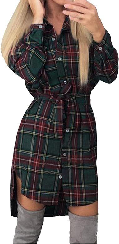 StyleDome Women's Check Plaid Shirt Dress Long Sleeve Casual Asymmetric Tunic Tops | Amazon (US)