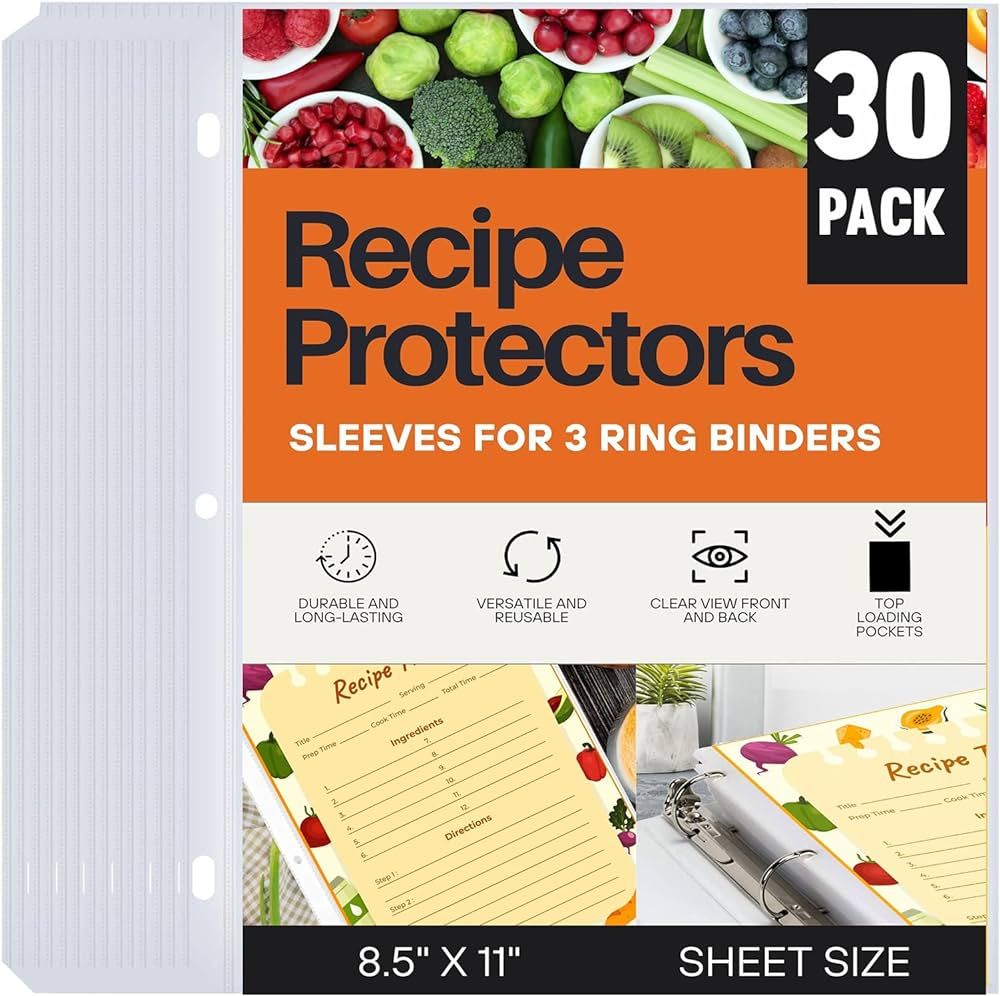 Recipe Protectors, Holds Standard 8.5" x 11" Paper, 30 Pack, Reinforced Holes, Refill Sheets For ... | Amazon (US)