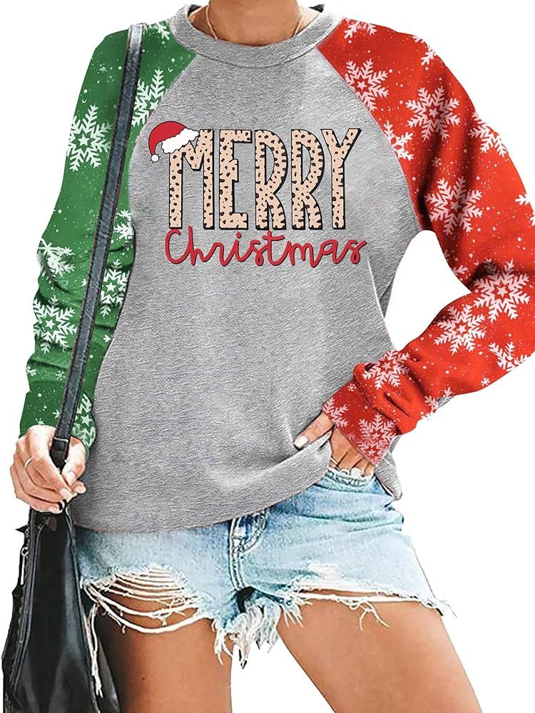 Christmas Sweatshirts for Women Xmas Shirt Leopard Graphic Color Block Christmas Snowflake Print ... | Amazon (US)