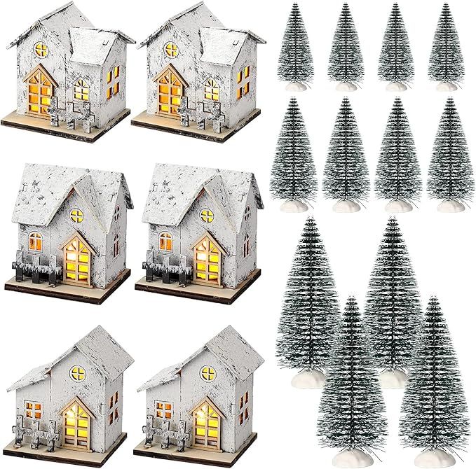 Yunsailing 18 Pcs Christmas Village House with Trees Set Wooden Luminous LED House Village Christ... | Amazon (US)