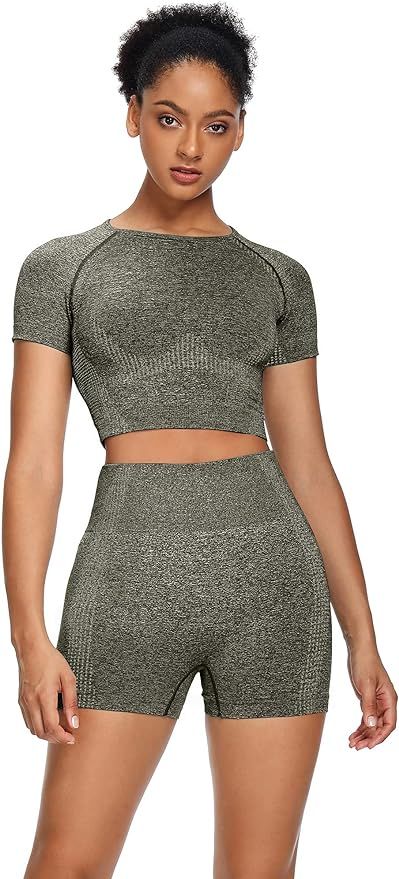 Sytiz Women Seamless Yoga Outfits 2 Piece Set Workout Gym Shorts + Short Sleeve Crop Top | Amazon (US)