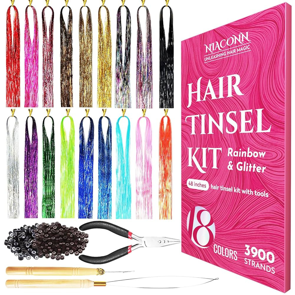 NIACONN Glitter Hair Tinsel Extensions Kit 18 Colors with Tools and Beads, 48 Inch Sparkly Fairy ... | Amazon (US)