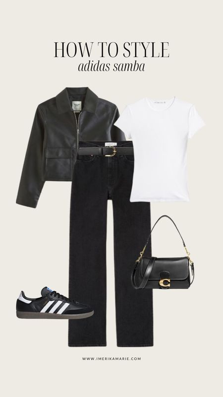 Black adidas samba outfit. Black leather jacket. Black jeans. Spring outfit. Summer outfit. 

#LTKstyletip #LTKfindsunder100 #LTKshoecrush