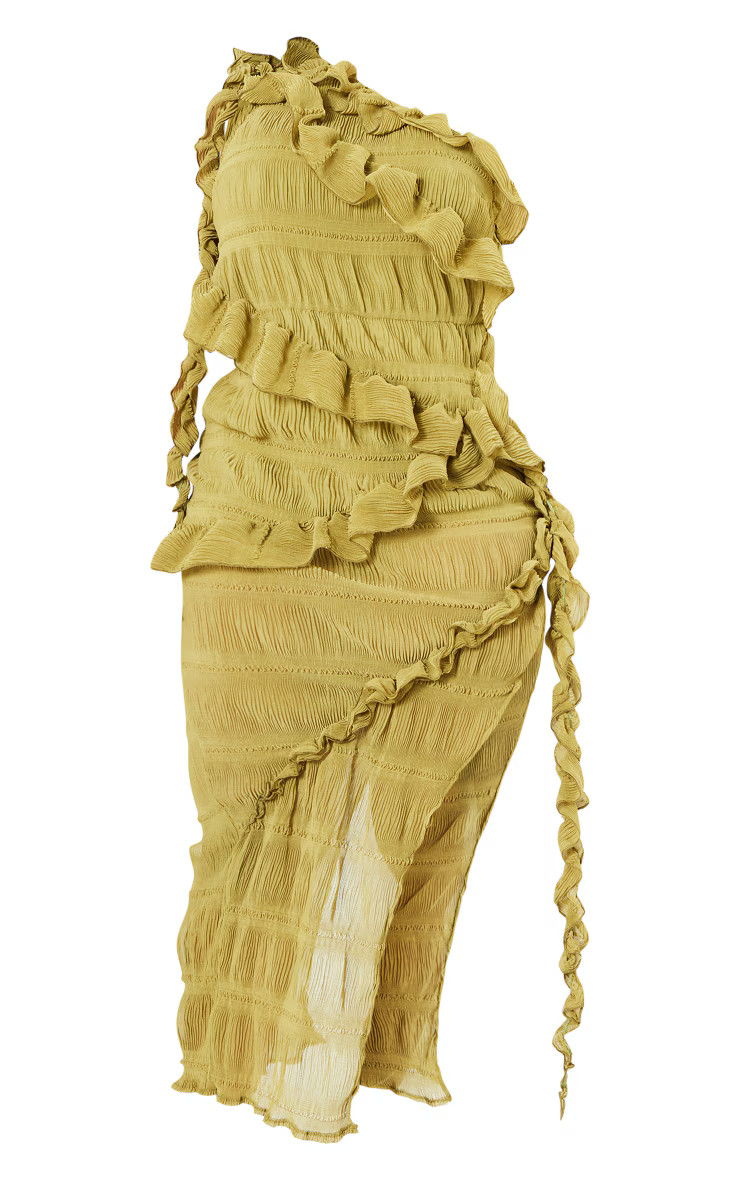 Plus Olive Ruffle Detail Midi Dress | PrettyLittleThing US