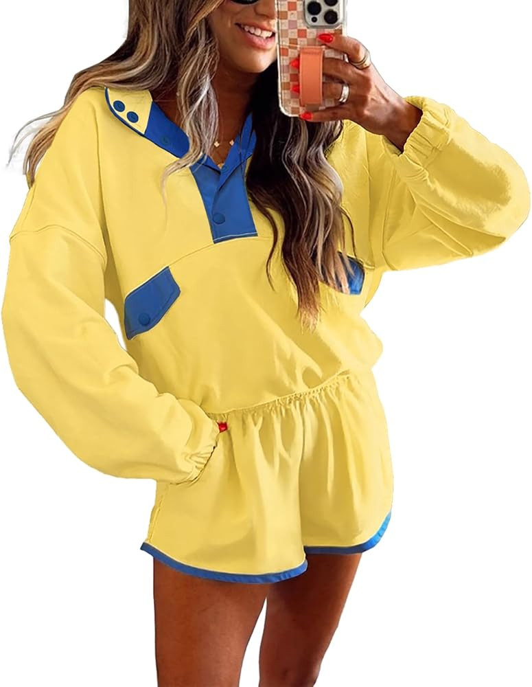 miduo Womens Color Block Two Piece Sets Long Sleeve Oversized Sweatshirts Pullover and Shorts Set... | Amazon (US)