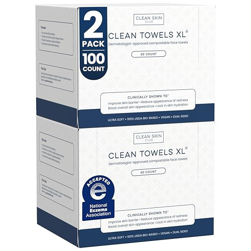 Clean Skin Club Clean Towels XL®, 100% USDA Biobased Face Towel, Disposable Face Towelette, Eczema Association Accepted, Makeup Remover Dry Wipes, Ultra Soft, 50 ct per pack, 2 Packs, 100 Ct Total | Amazon (US)