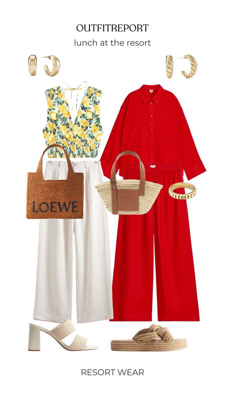 Spring summer outfit red linen shirt and trousers sandals white linen trousers lemon top and gold jewellery 

#LTKitbag #LTKtravel #LTKshoecrush