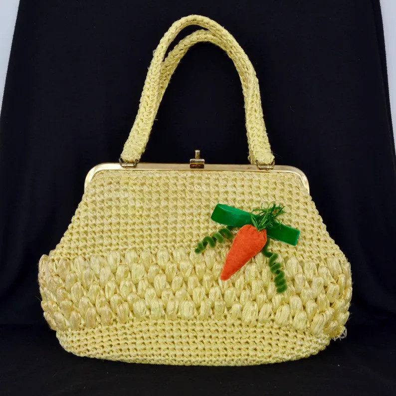 Vintage Yellow Raffia Handbag With Floral Lining and Added Velvet Ribbon and Carrot - Etsy | Etsy (US)