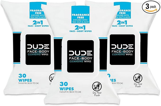 DUDE Wipes - Face and Body Wipes - 3 Pack, 90 Wipes - Unscented Wipes with Sea Salt & Aloe - 2-in... | Amazon (US)
