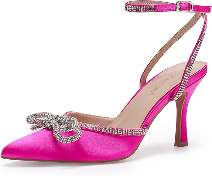 Ainrock Women's Rhinestone Bow Heels Sparkly Wedding Closed Pointed Toe High Sexy Satin Stiletto ... | Amazon (US)