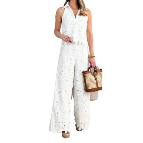 Womens 2 Piece Lace Outfits Floral Sleeveless Vest and Wide Leg Pants Set Cropped Top | Amazon (US)