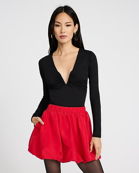 Body Contour High Compression V-Neck Long Sleeve Ruched Bodysuit | Express