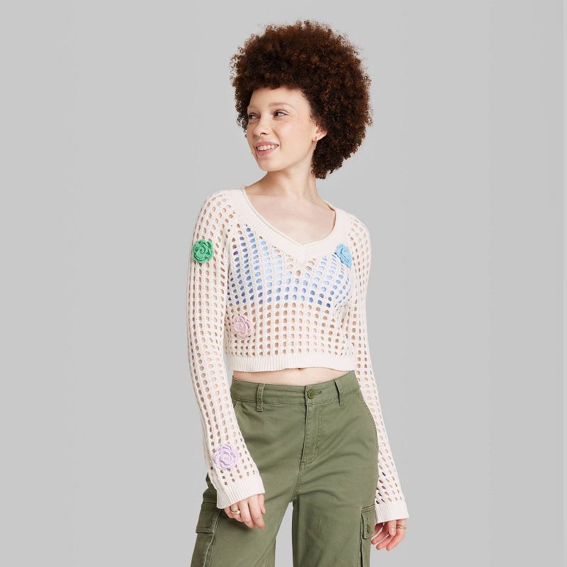 Women's Open Work Cropped Pullover - Wild Fable™ Off-White Floral S | Target