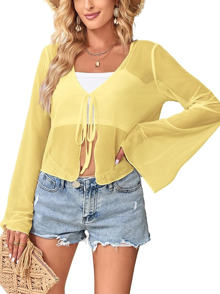 ZAFUL Women Tie Front Cardigan Long Sleeve Sheer Mesh Shrug Tie Top Lightweight Bolero Shrugs for... | Amazon (US)
