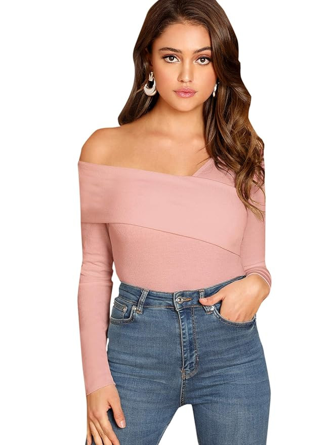 ROMWE Women's Casual Cross Off Shoulder Deep V Neck Ribbed Knit Slim Wrap Tee Shirt Blouse | Amazon (US)