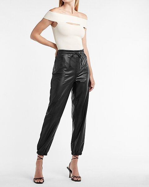 High Waisted Faux Leather Joggers | Express