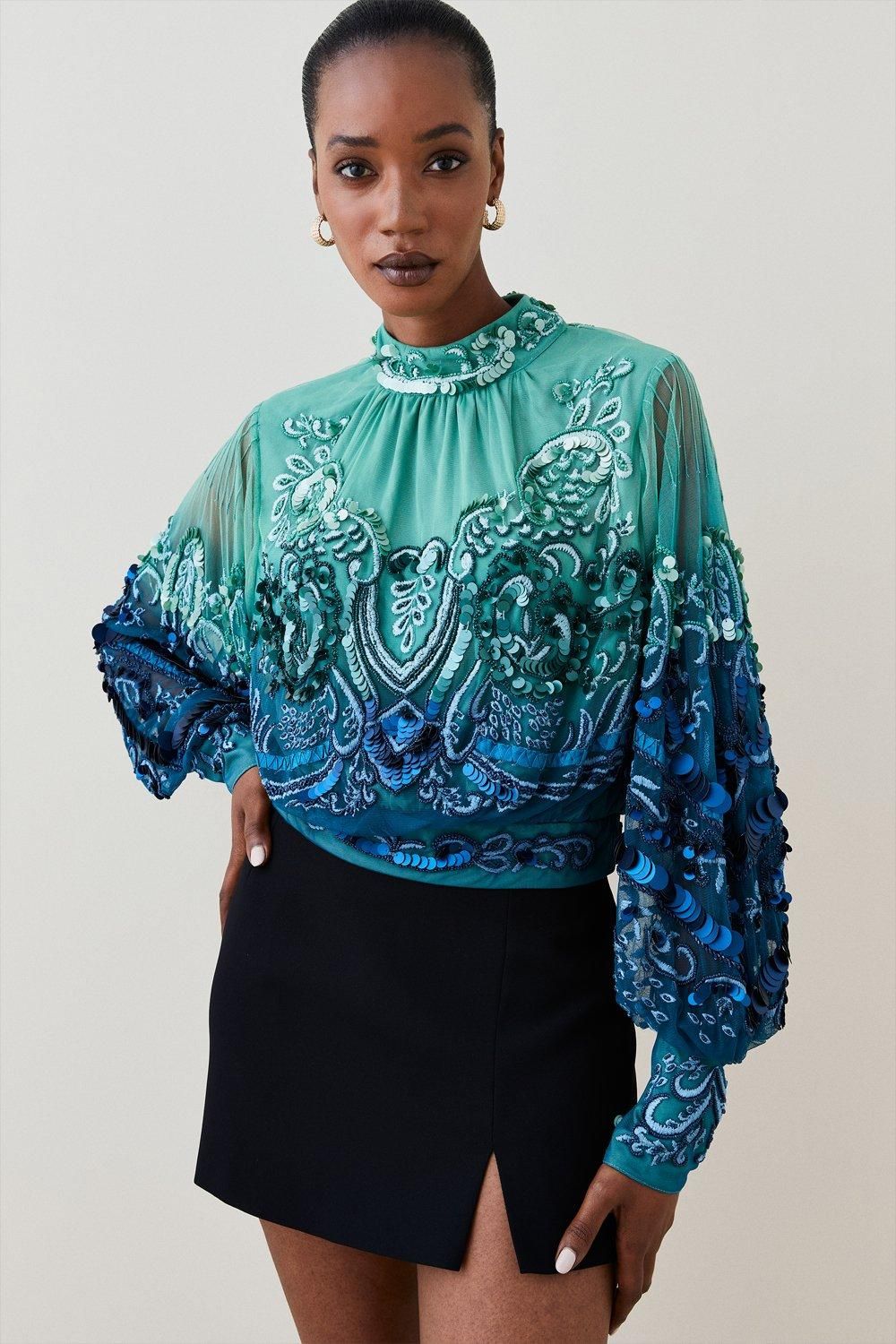 Ombre Sequin & Embroidered Blouse | Karen Millen US