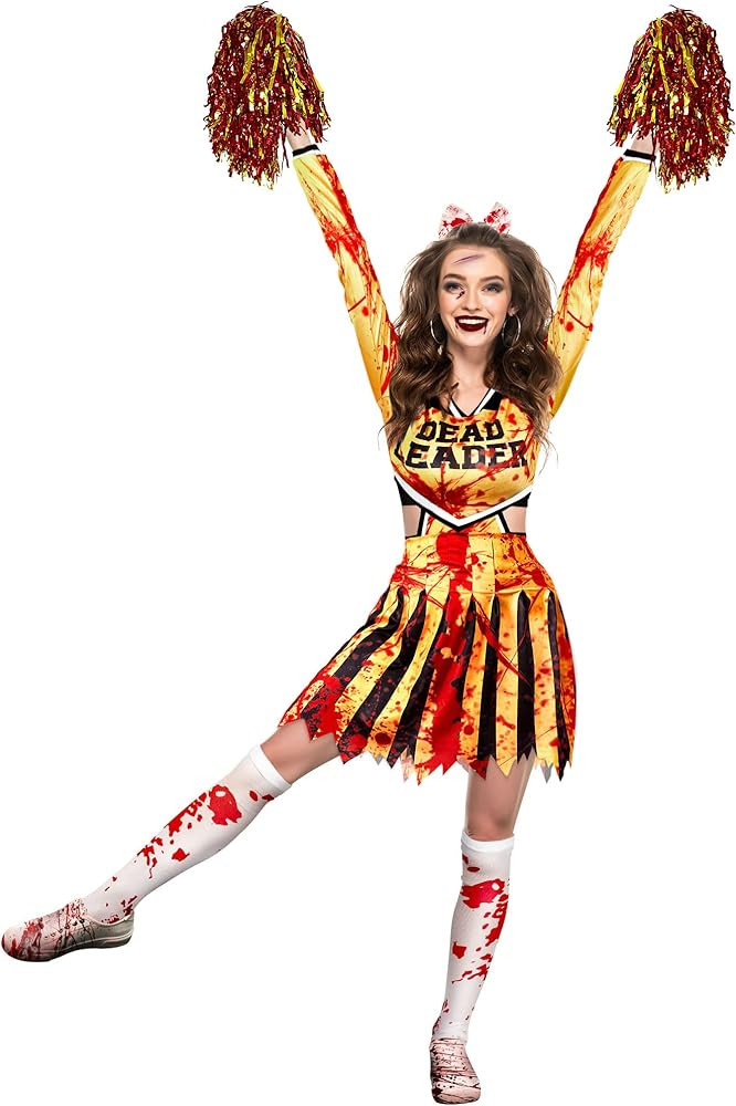 Jecery Zombie Cheerleader Costume Women, Halloween Cheerleader Costume Metallic Foil Cheer Pom Po... | Amazon (US)