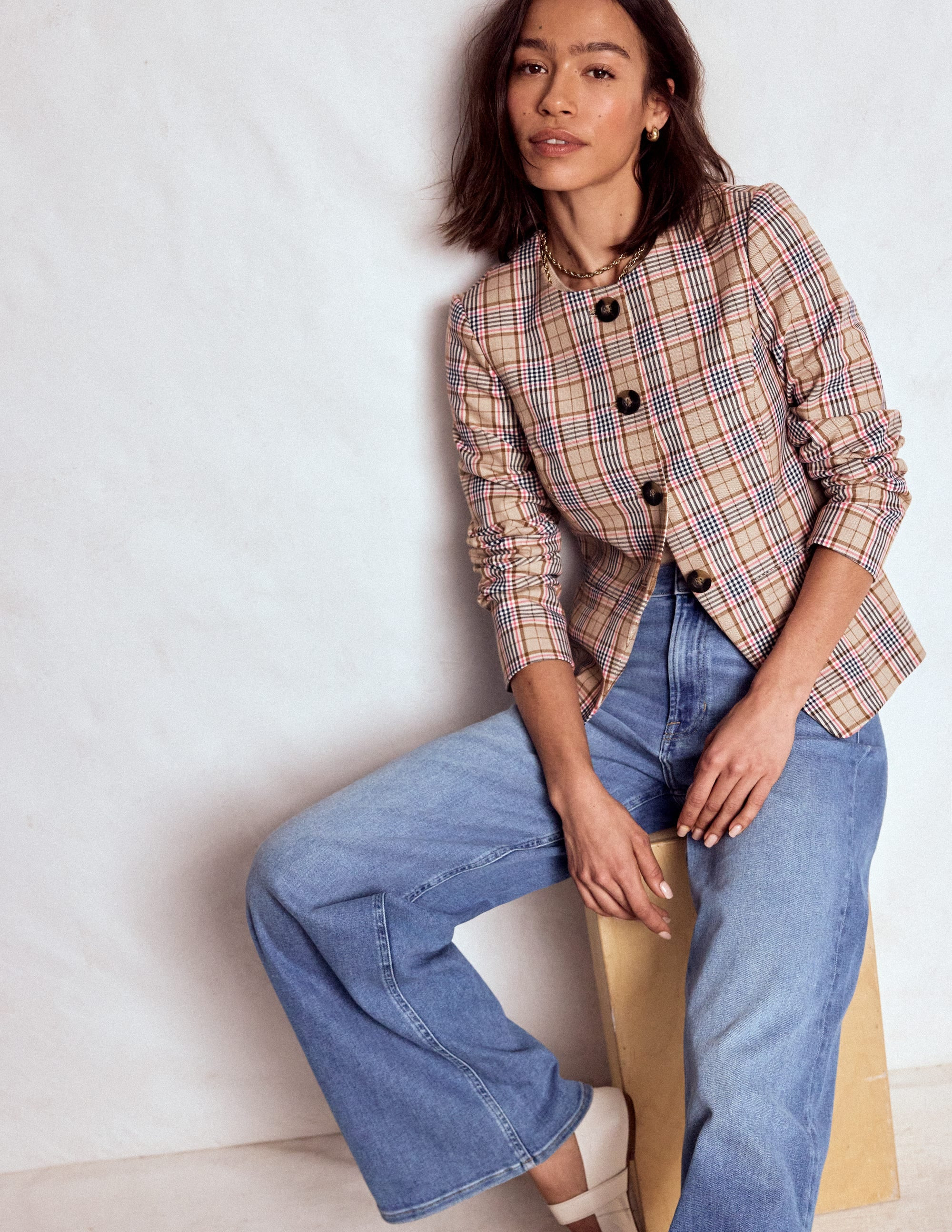 Hampstead Check Blazer-Brown, Pink & Navy Check | Boden (US)