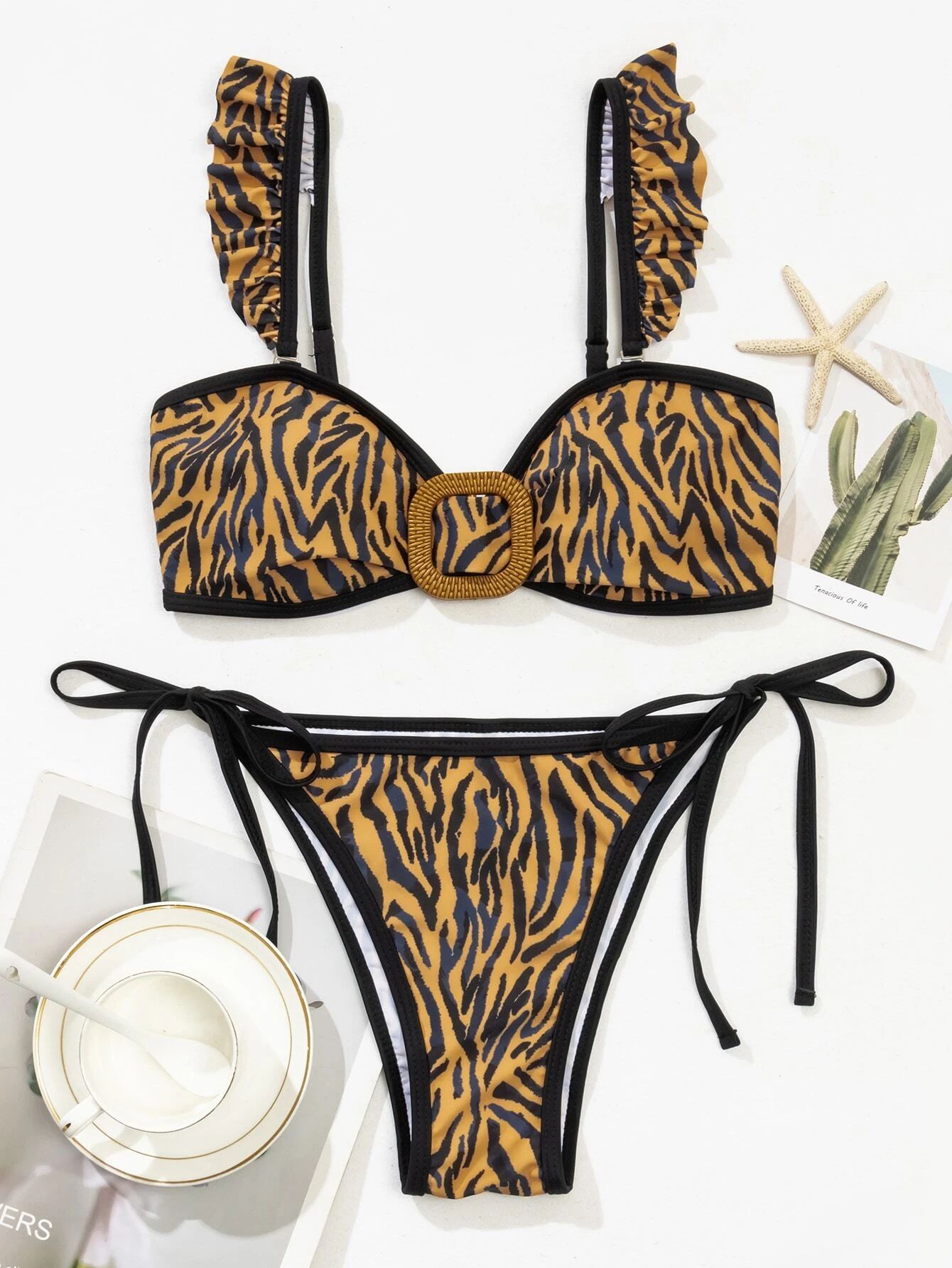 Tiger Stripe Ruffle Tie Side Bikini Swimsuit | SHEIN
