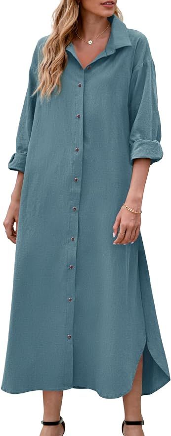 Fasumava Women's Cotton Linen Shirt Dress Long Sleeve Casual Loose Maxi Dresses with Pockets | Amazon (US)