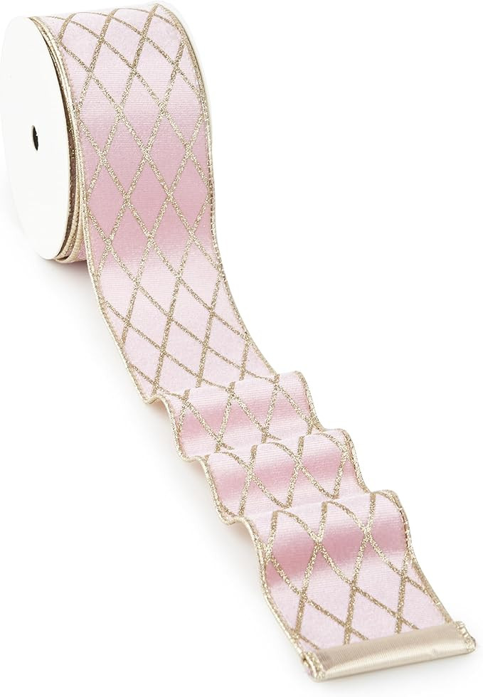 MAYREEL 2.5 Inch Pink and Gold Velvet Wired Ribbon Metallic Diamond Glitter Grid for Christmas Gi... | Amazon (US)