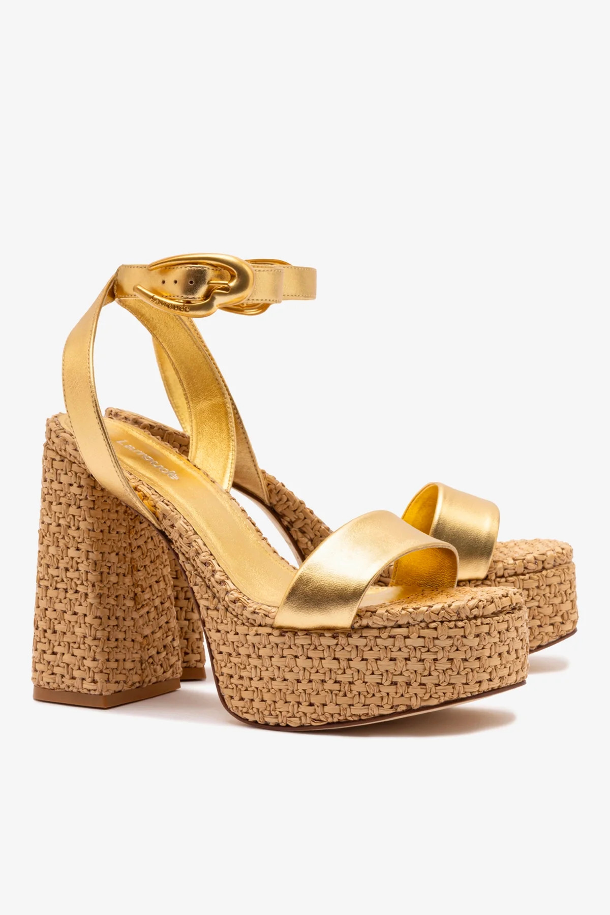Dolly Verona Sandal In Gold Metallic Leather and Natural Raffia | Larroude
