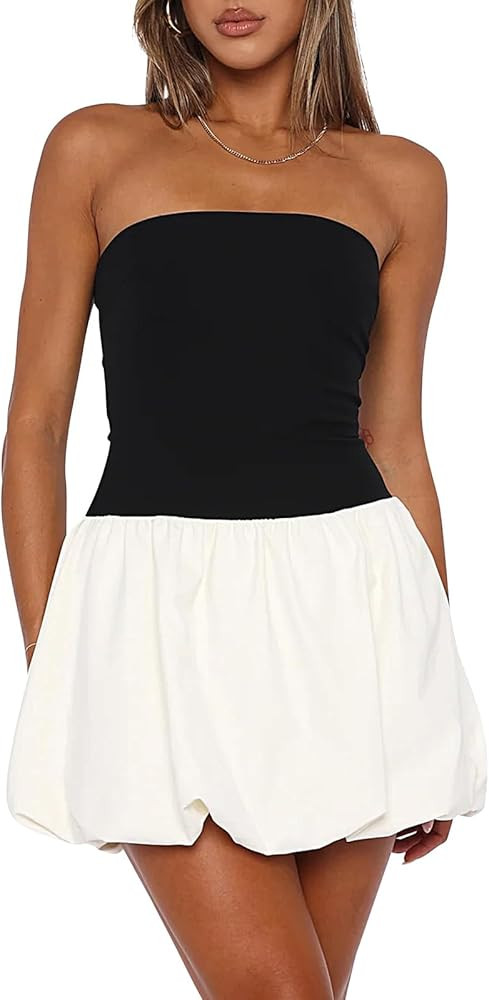 Women Y2k Puff Bubble Dress 2024 Summer Strapless Mini Dress Casual Patchwork Bandeau Tube Corset... | Amazon (US)