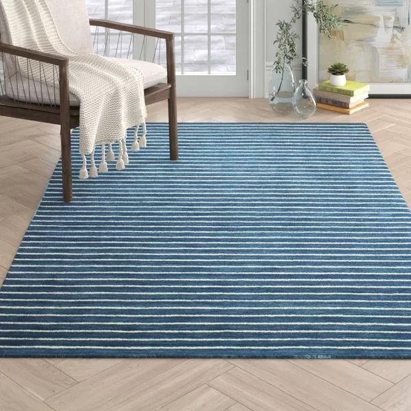 Lafountain Striped Hand-Knotted Wool Azure Area Rug | Wayfair North America