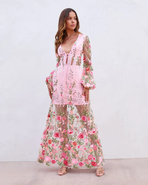 Forever Love Story Sheer Floral Embroidered Maxi Dress | VICI