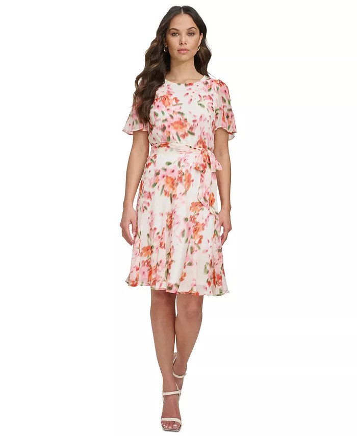 Petite Crinkle Chiffon Tie-Waist Dress | Macy's