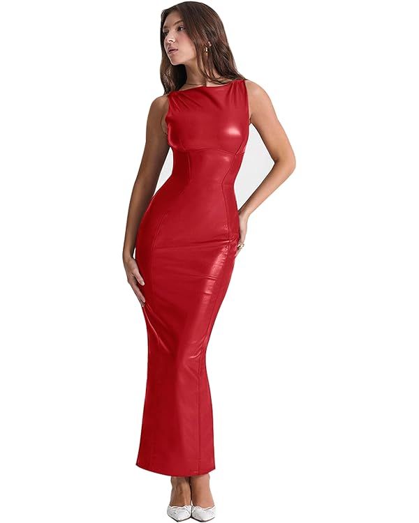 XLLAIS Women's Faux PU Leather Bodycon Maxi Dress Sexy Boatneck Tank Long Dresses | Amazon (US)