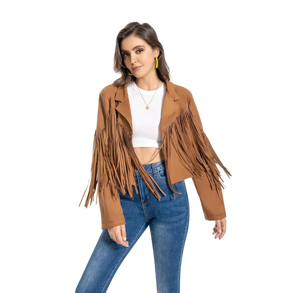 Fringe Jacket, Western Cowgirl Faux Suede Leather Jacket Tassel Crop Moto Top Country Concert Out... | Amazon (US)