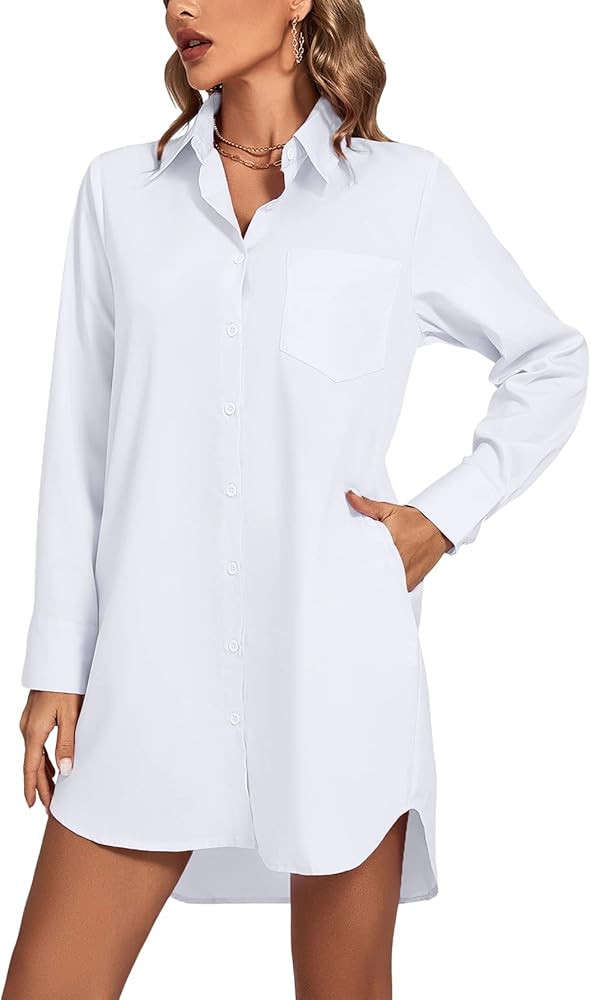 LYANER Women's Casual Collar V Neck Button Down Long Sleeve Shirt Dress with Pockets | Amazon (US)