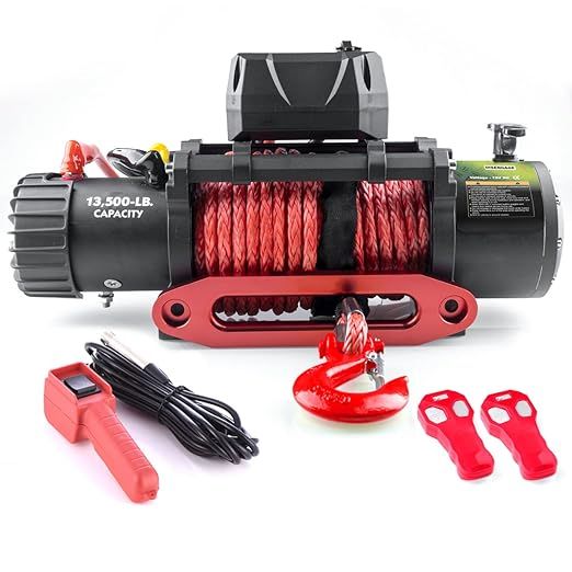 RUGCEL 13500lb Waterproof Electric Red Synthetic Rope Winch with Hawse Fairlead, Wired Handle and... | Amazon (US)