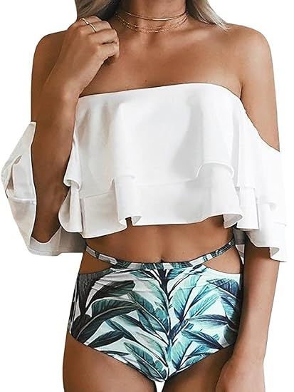 Imily Bela Women's Bikini Ruffle Off Shoulder Top & Floral Shorts Swimsuit Bathing Suit 2pc Sets | Amazon (US)