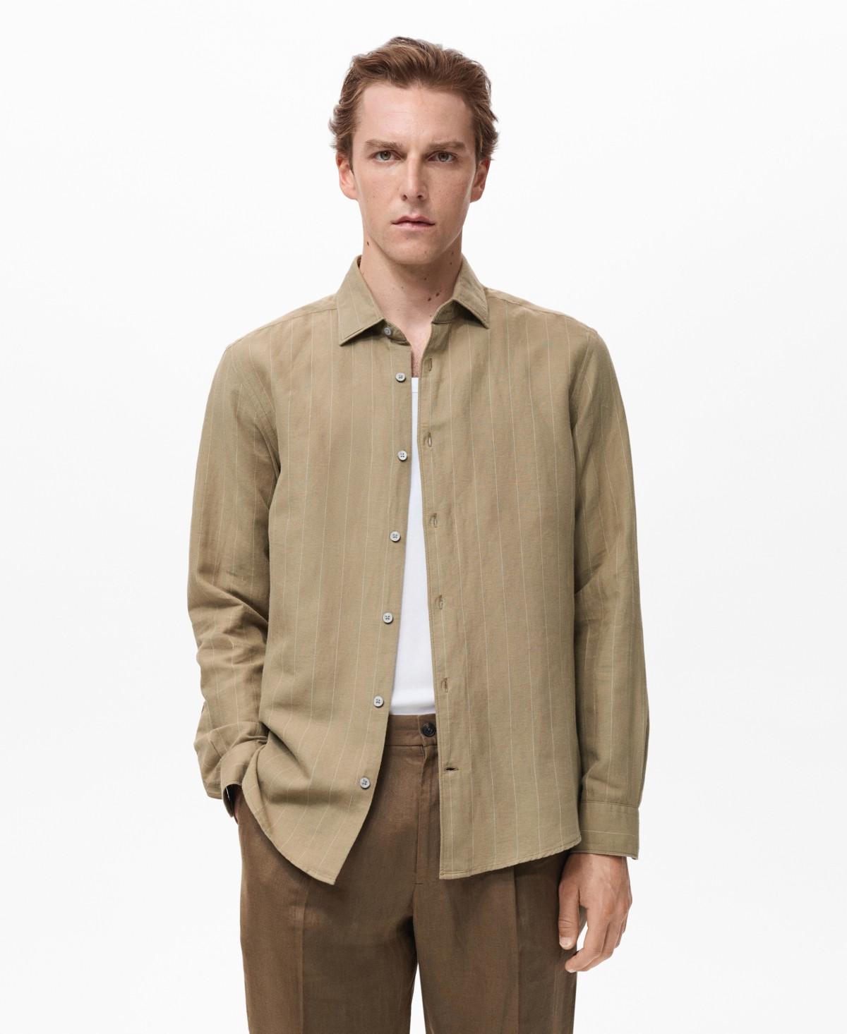 Mango Men's Linen Pinstripe Shirt - Khaki | Macy's