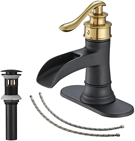 BATHLAVISH Black and Gold Bathroom Faucet Waterfall Sink Single Hole with Pop Up Drain with Overf... | Amazon (US)
