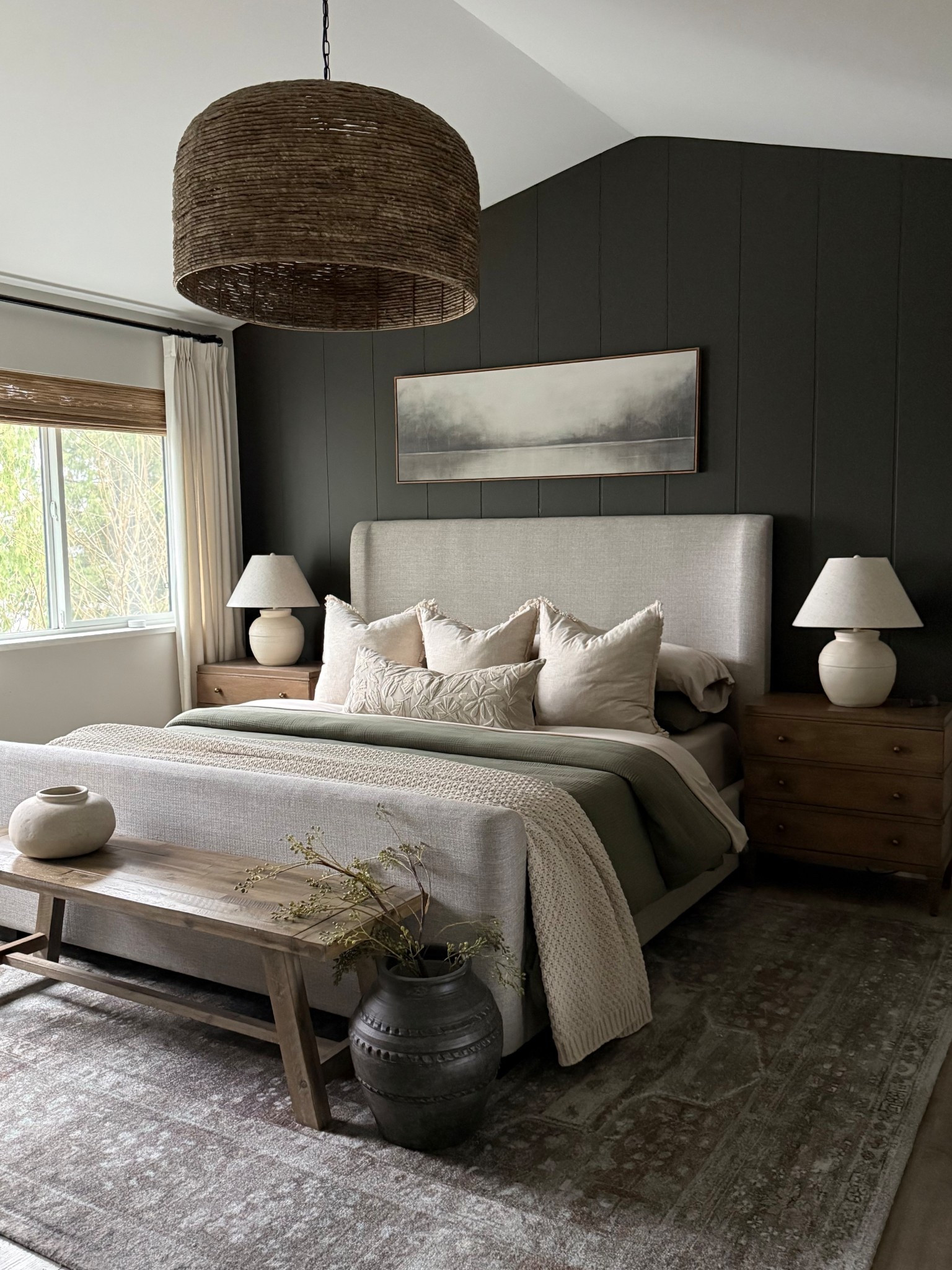 Primary bedroom…Spring situation.
Love the olive and cream combo! 
Wall color: SW clove