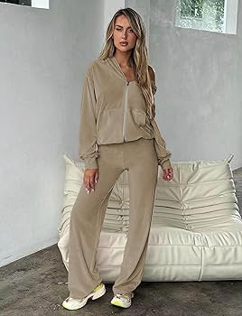 yidengymx Womens 2 Piece Velour Tracksuit Two Piece Soft Velvet Hooded Sweatsuits for Women Loung... | Amazon (US)