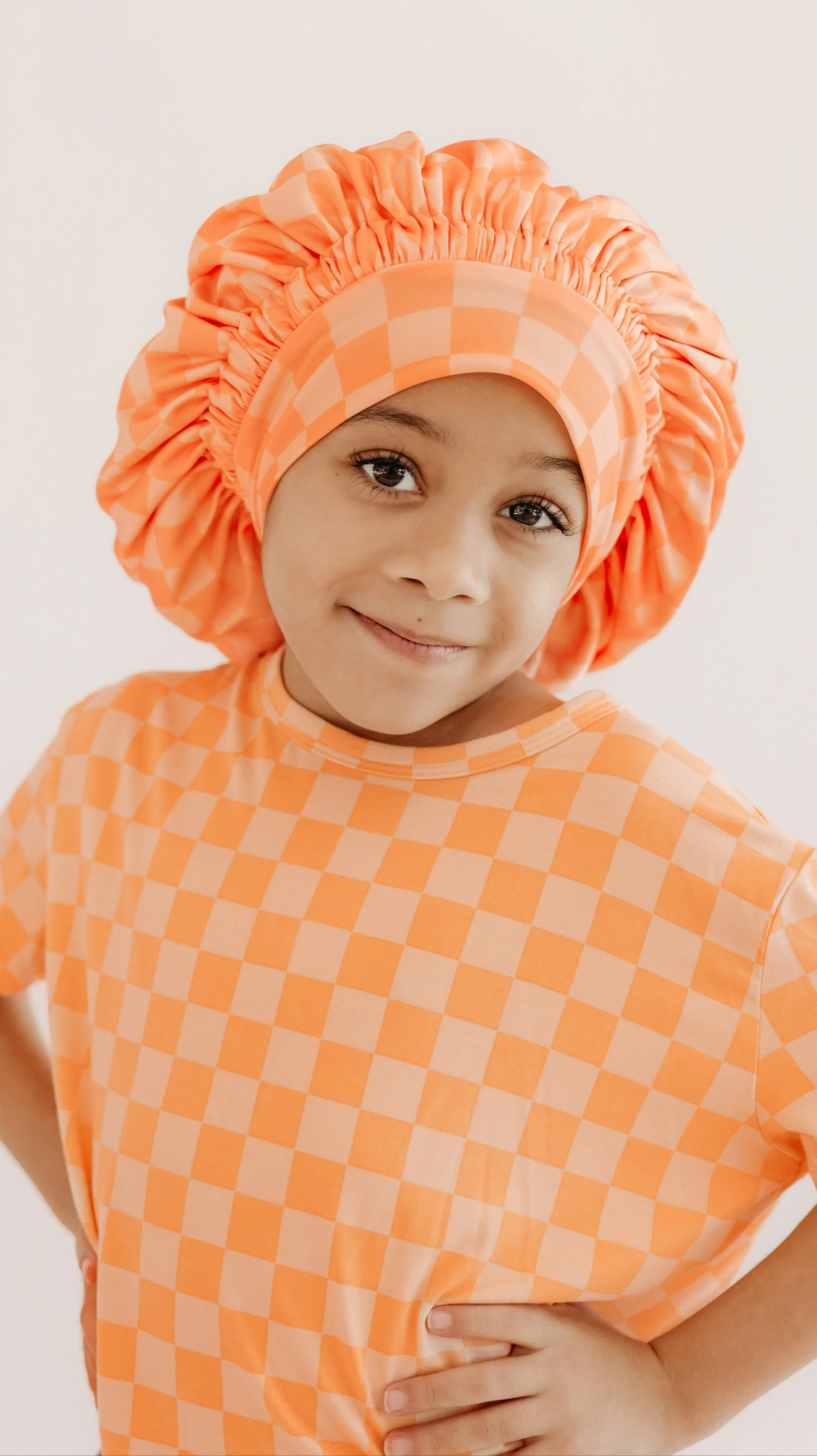 Kids Satin Bonnet in Orange Checkered | Silks Design