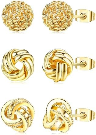 HAIAISO 3 Pairs 14K Gold Plated Knot Earrings For Women Hypoallergenic Small Stud Earring Woven B... | Amazon (US)