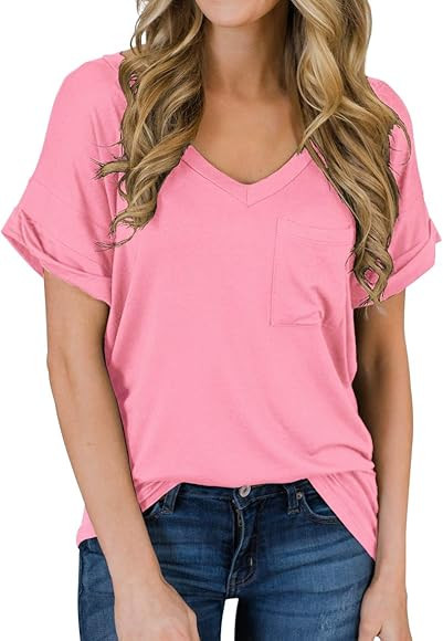 Women's Short Sleeve V-Neck Shirts Loose Casual Tee T-Shirt Basic Tops | Amazon (US)