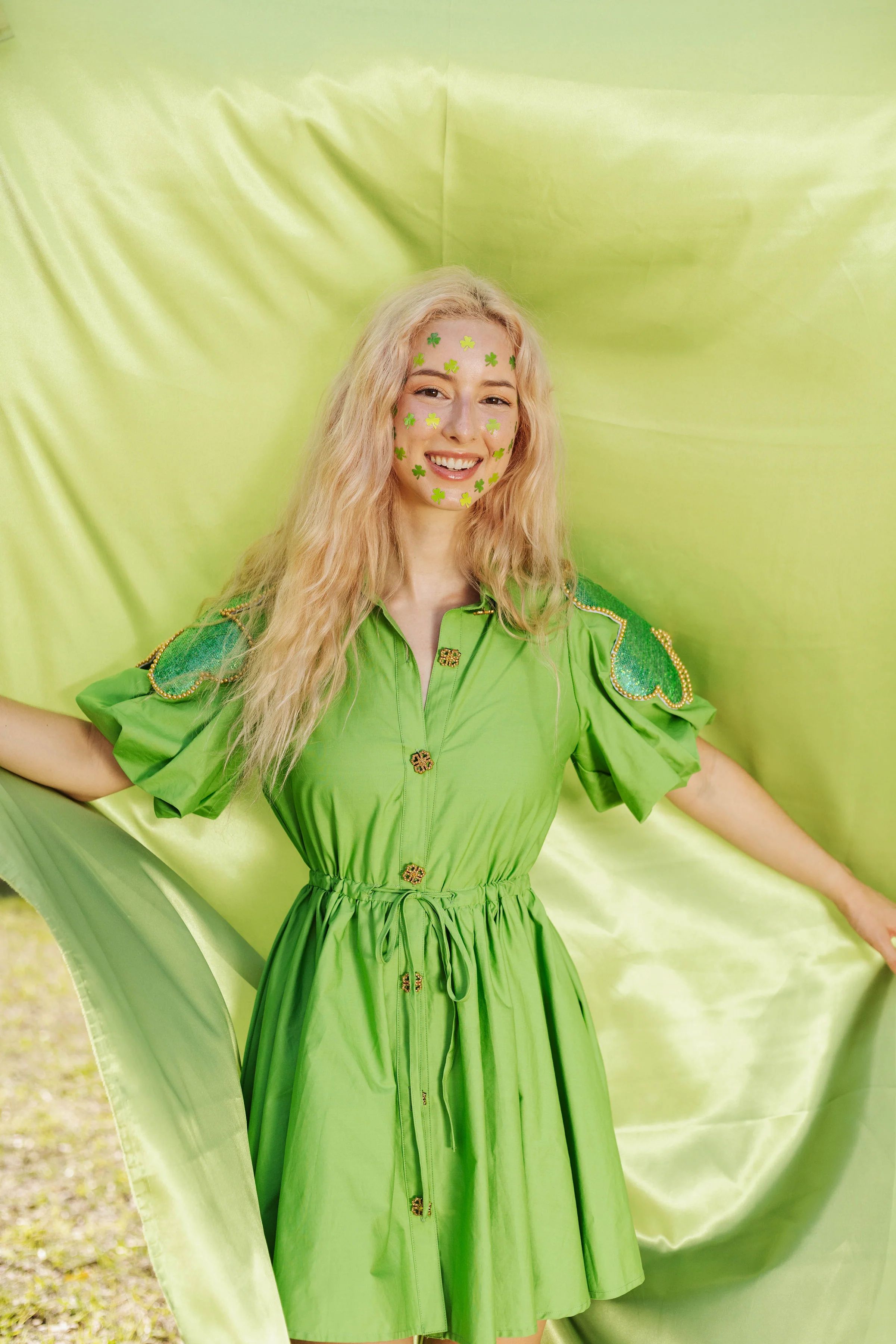 Green Shamrock Poof Sleeve Dress | Queen of Sparkles